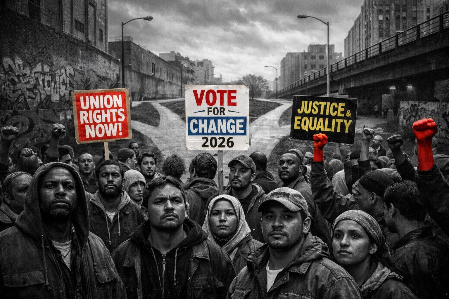 Diverse working-class people at crossroads choosing between capitalism, fascism, and democratic socialism in 2026