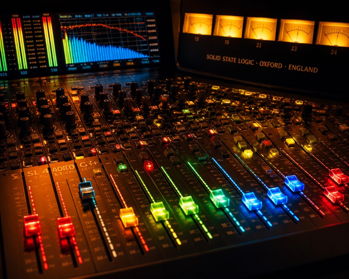 Vintage professional mixing board with glowing neon faders