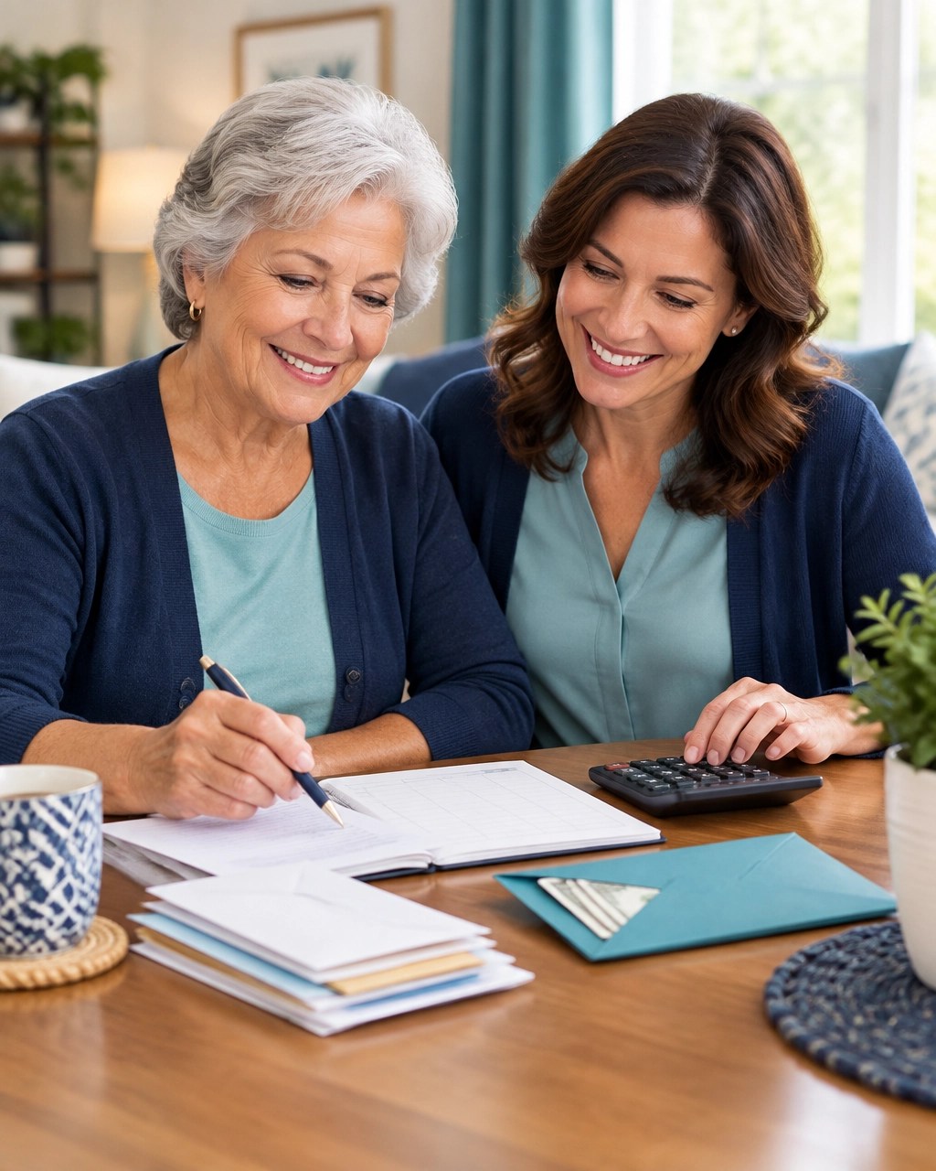 Senior woman and daughter organizing a monthly household budget with relief and confidence