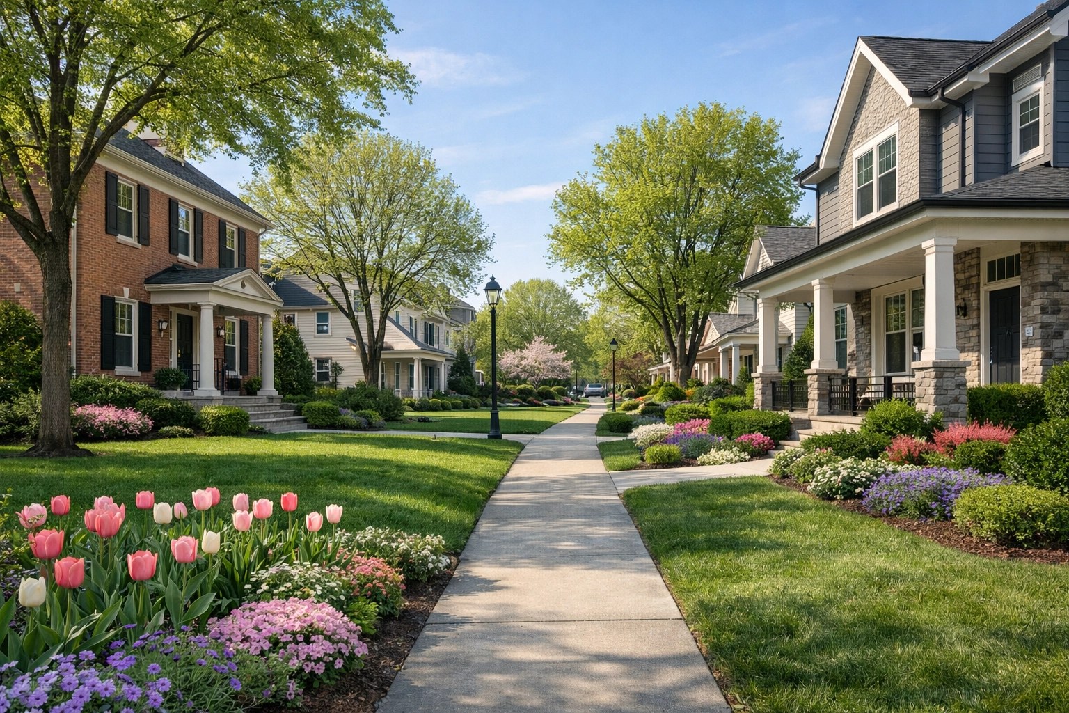 Tree-lined residential street with attractive homes for sale in a premier Montgomery County Ohio neighborhood.