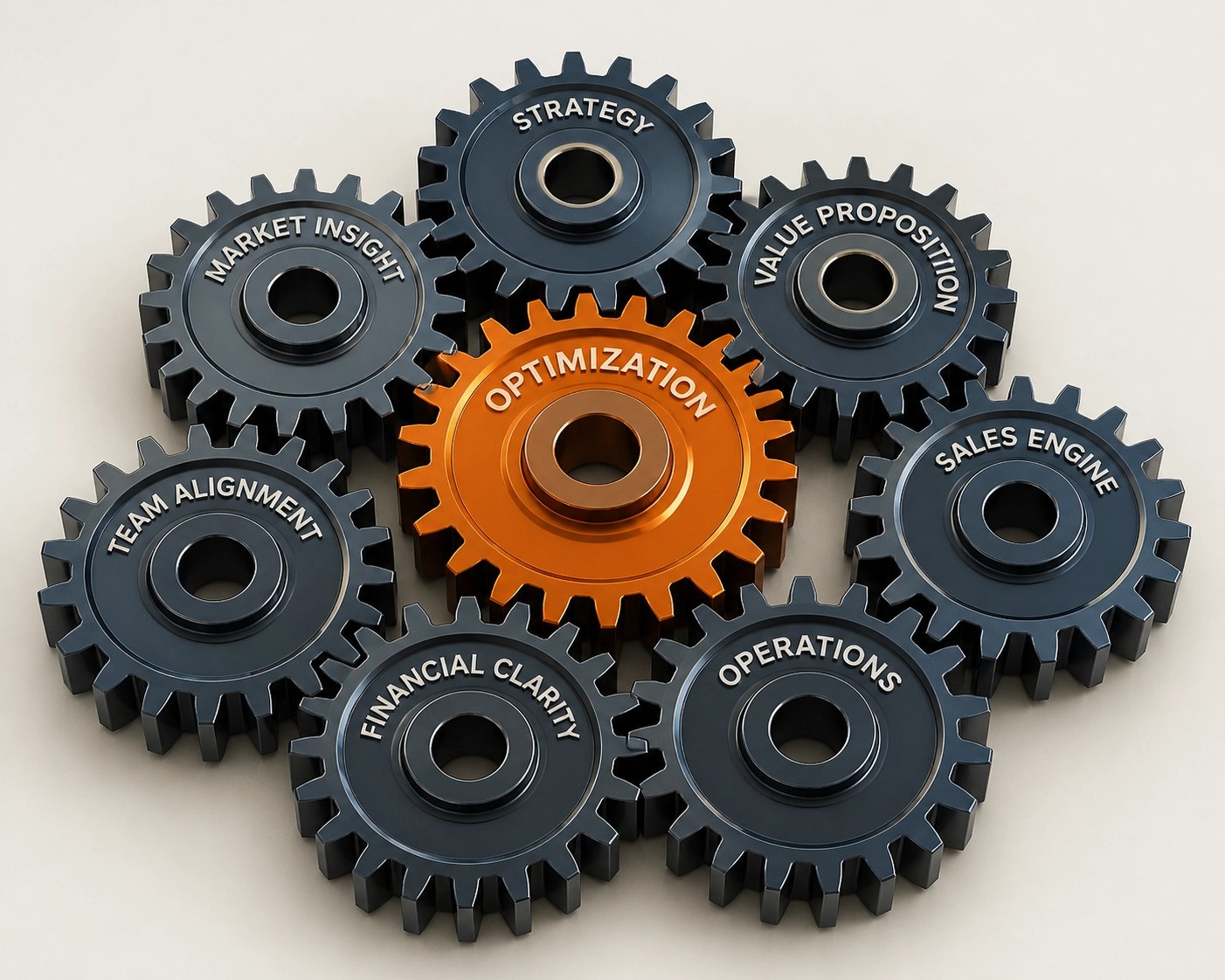 Interlocking gears representing optimized systems that increase business capacity and efficiency.