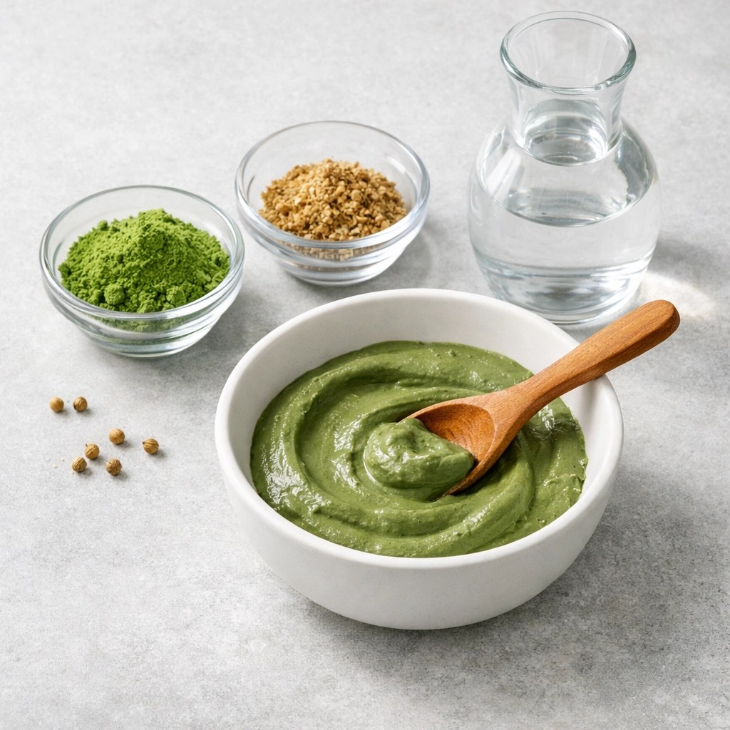 Mixing Clayer French Green Clay powder with spices and water in a white ceramic bowl.