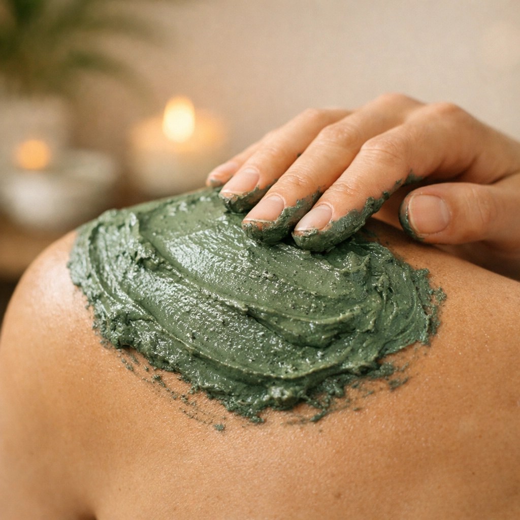 Applying Clayer #1 healing clay to a shoulder for natural muscle recovery and inflammation detox.