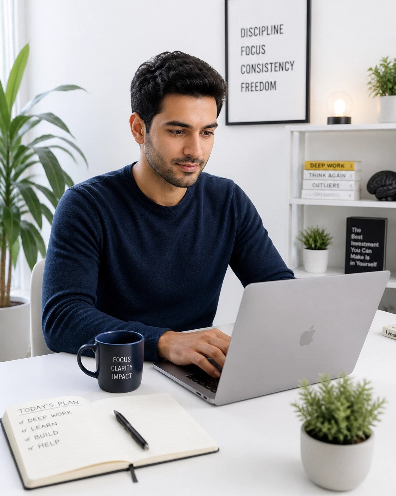 A tech-savvy professional sitting at a clean, white desk with a laptop and a notebook, looking focused and calm. Minimalist home office setup with a plant. Soft, high-key lighting.