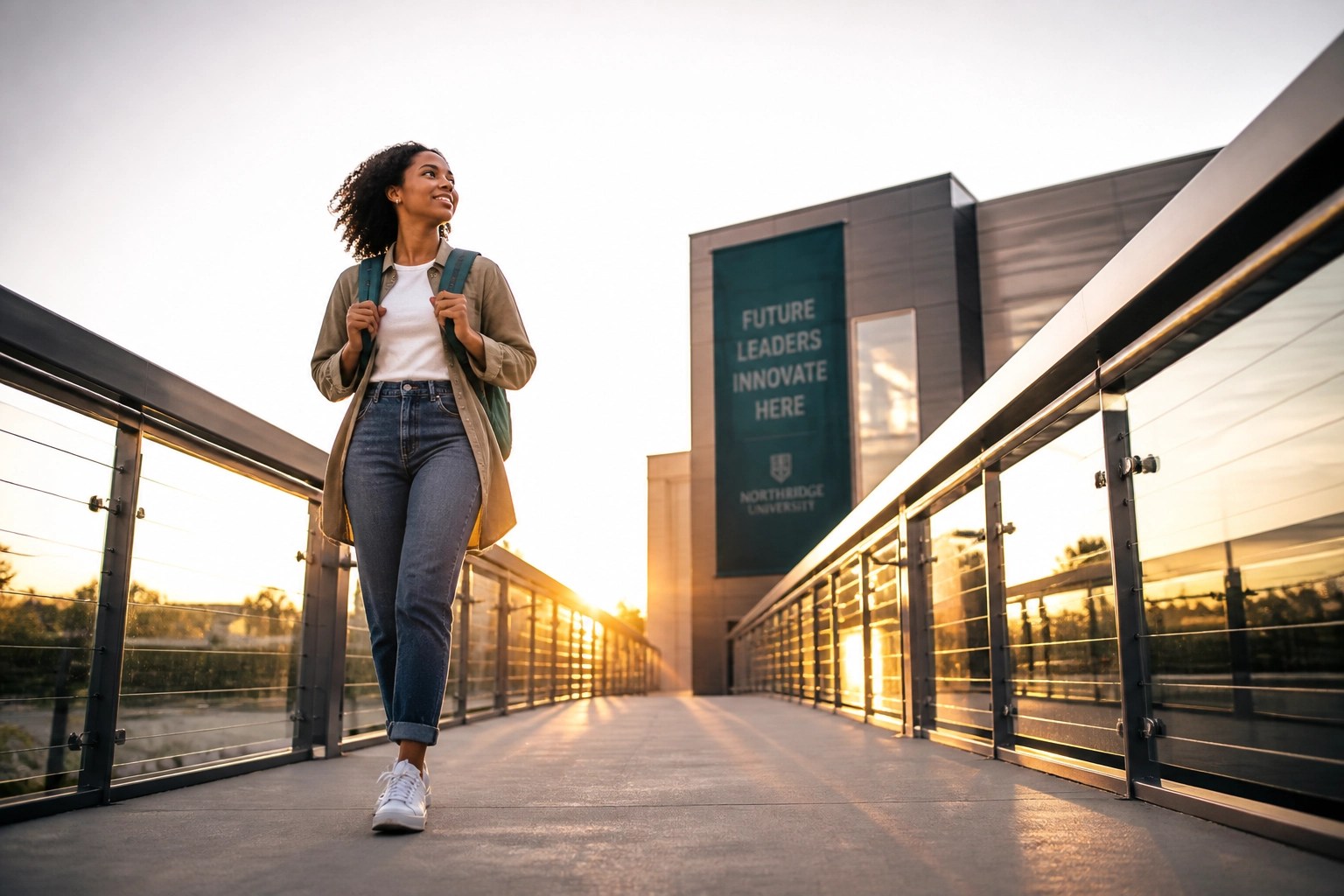 Confident college student walking on campus, representing a successful launch into her education journey.