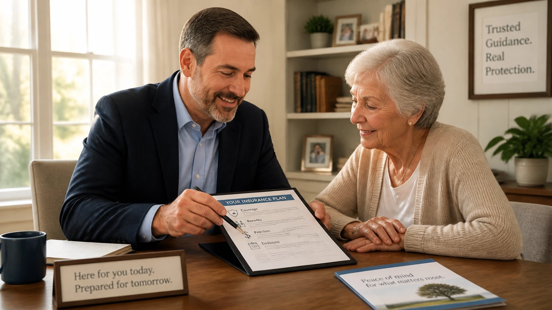 A professional advisor meeting with a senior client to discuss insurance options.
