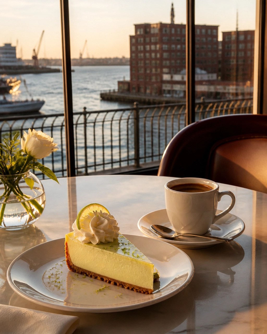 Key lime pie and espresso beside a Red Hook waterfront window at sunset