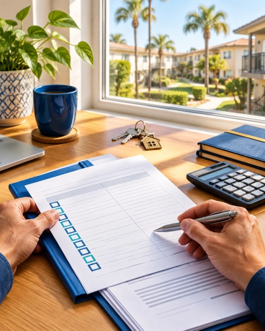 Landlord reviewing rental paperwork and a rent ledger at a home-office desk