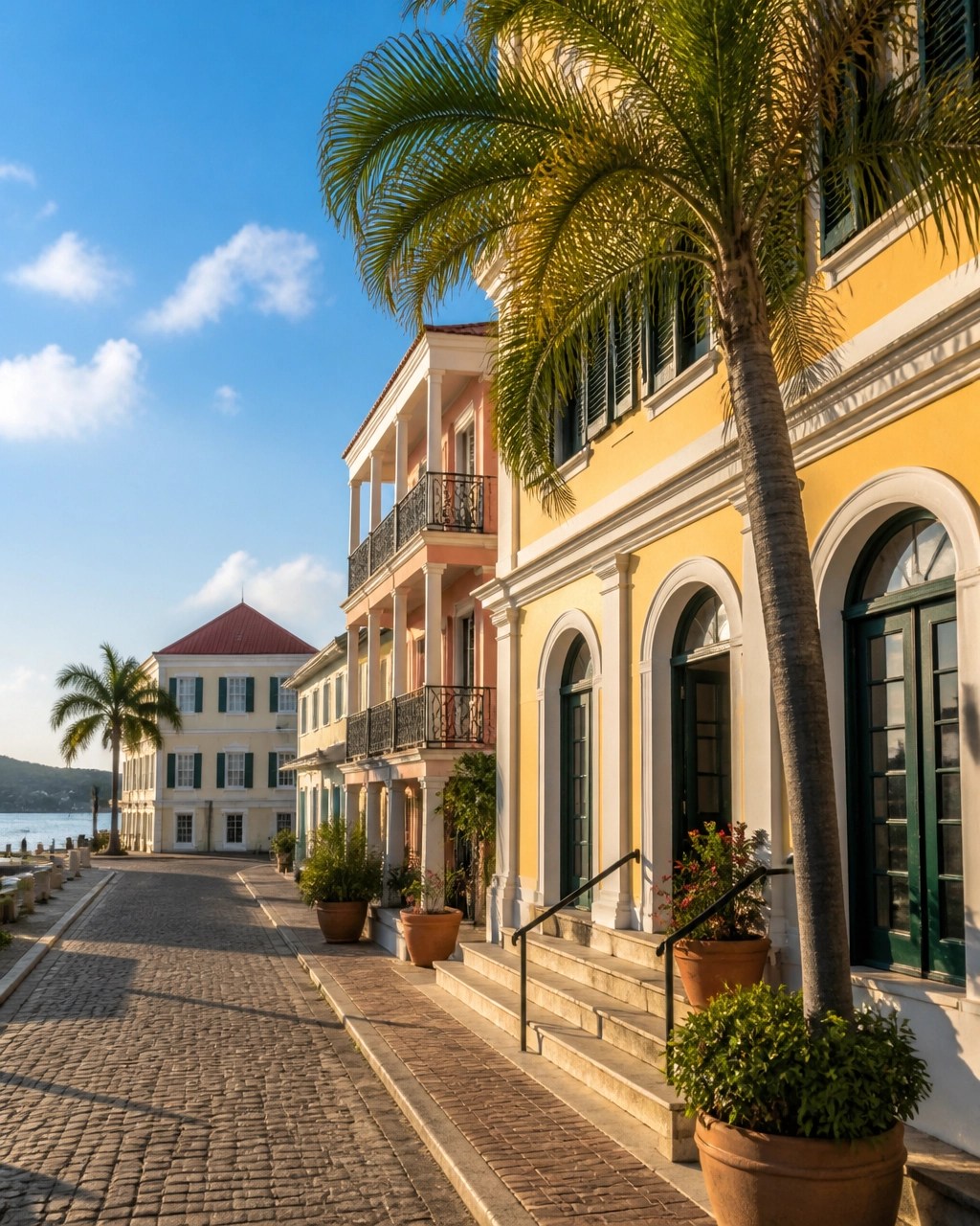 Empty pastel waterfront architecture and cobblestone streets in Charlotte Amalie