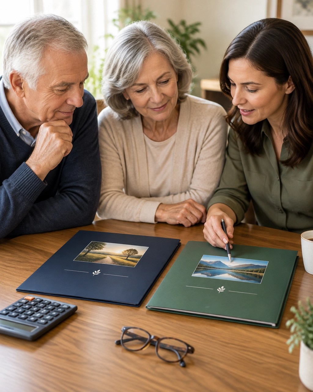 Older couple and adult daughter comparing prepaid funeral and life insurance planning documents