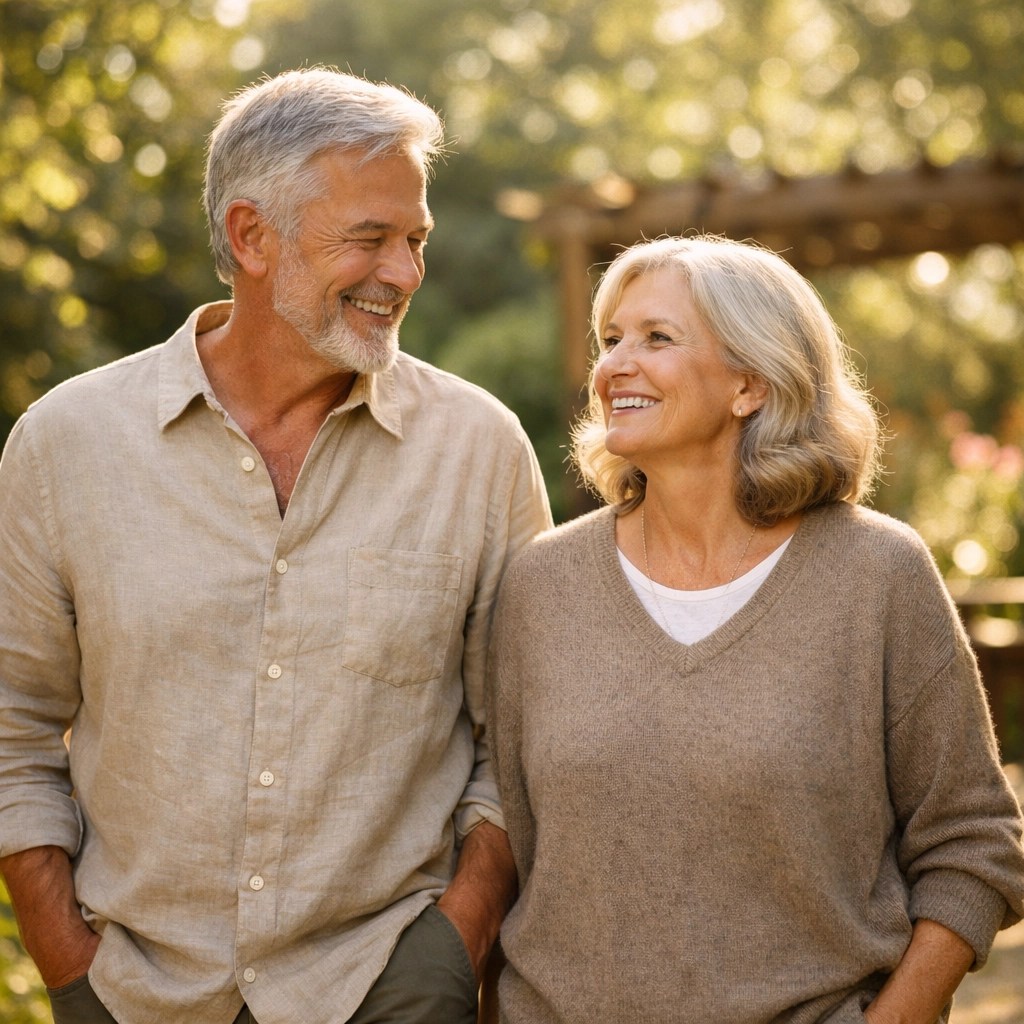 Retired couple walking in a garden, reflecting the peace of mind from smart retirement tax planning.