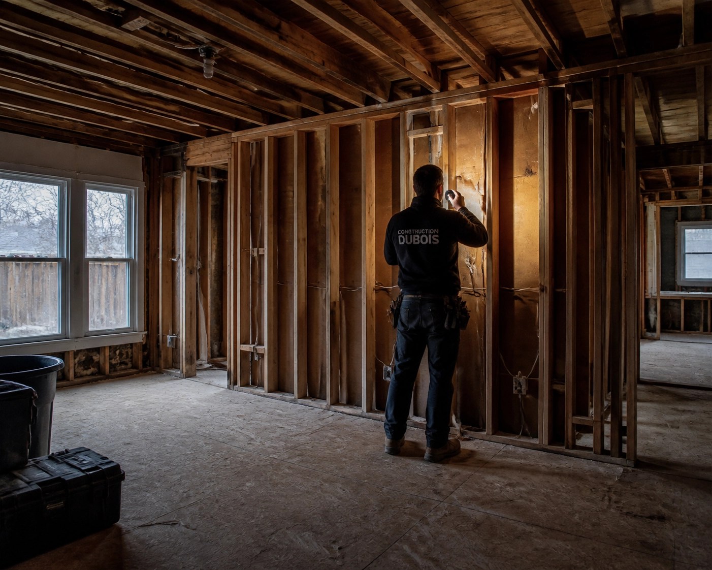 Entrepreneur général inspectant la structure d'une maison en rénovation à Trois-Rivières.