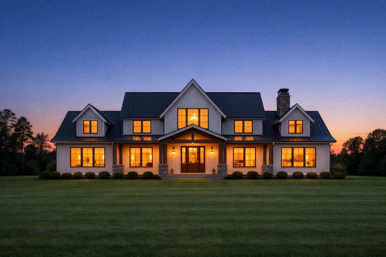 Modern Milton farmhouse at dusk, representing assets protected by life insurance.
