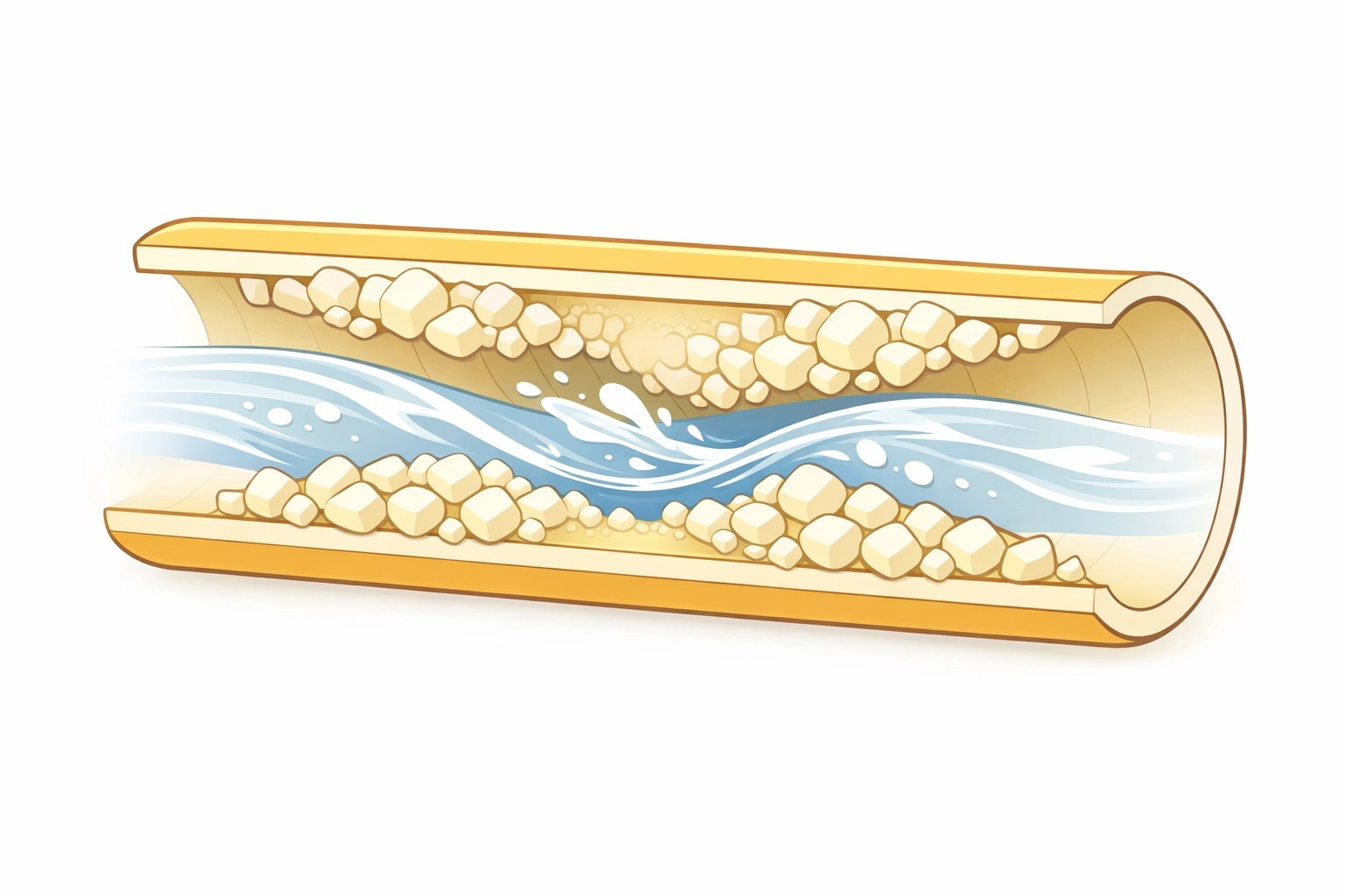 Cross-section of a pipe showing mineral buildup from DFW hard water affecting drain flow