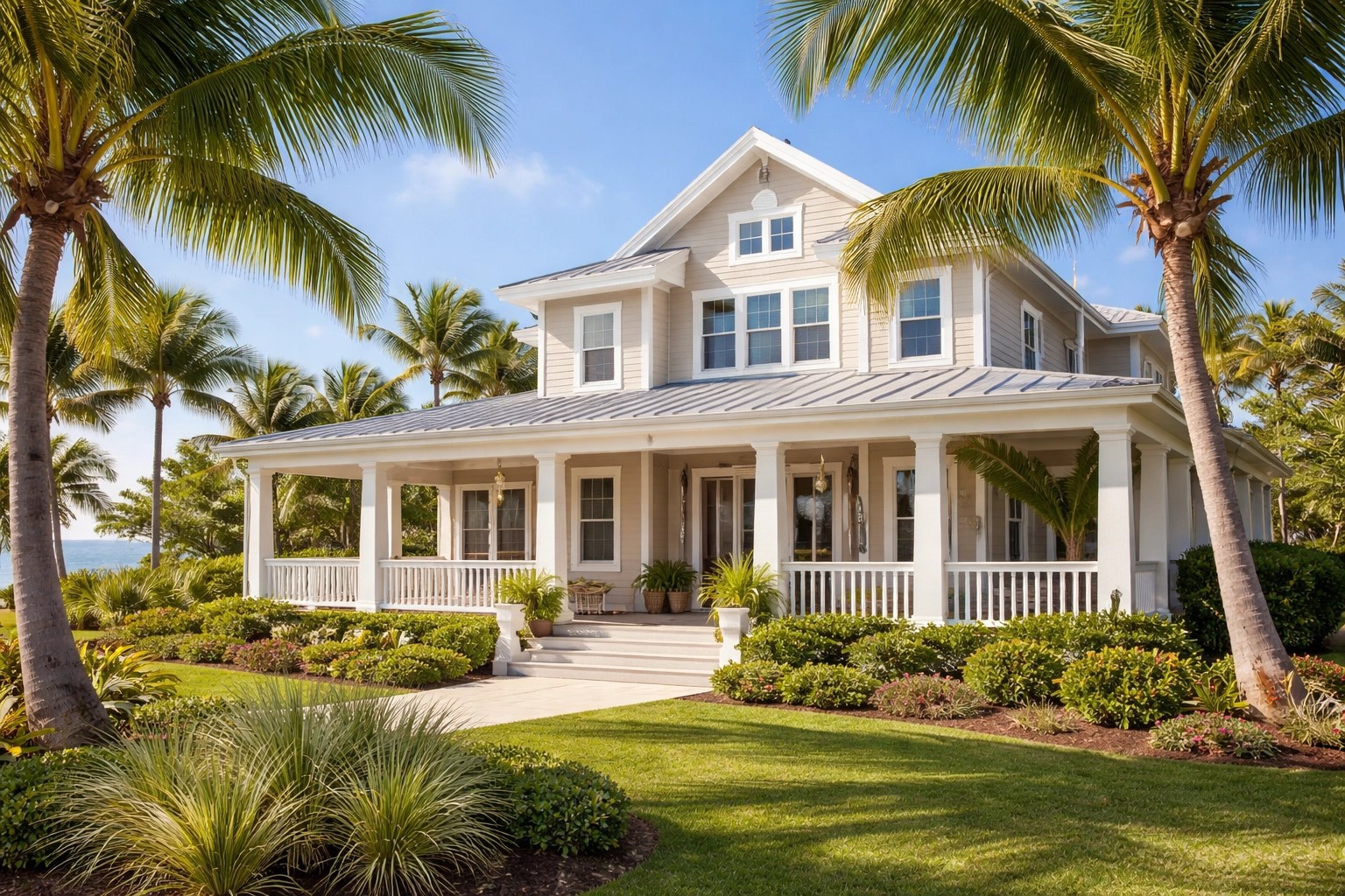 Coastal Florida home exterior in warm neutral tones with wrap-around porch and palm trees, ideal for Treasure Coast climate