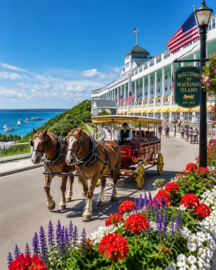 A horse-drawn carriage on Mackinac Island, Michigan, with the historic Grand Hotel in the background.