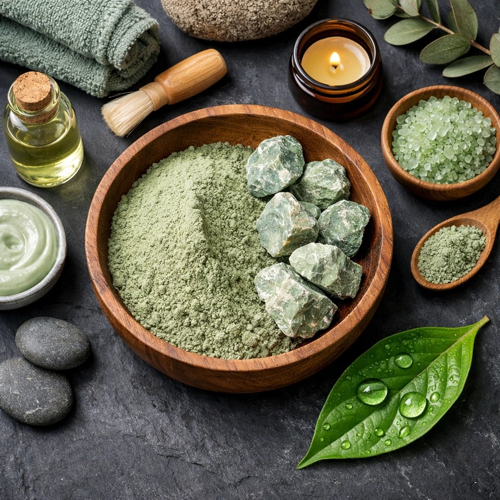Pure French green illite clay powder and raw mineral stones for natural healing and skin detox.