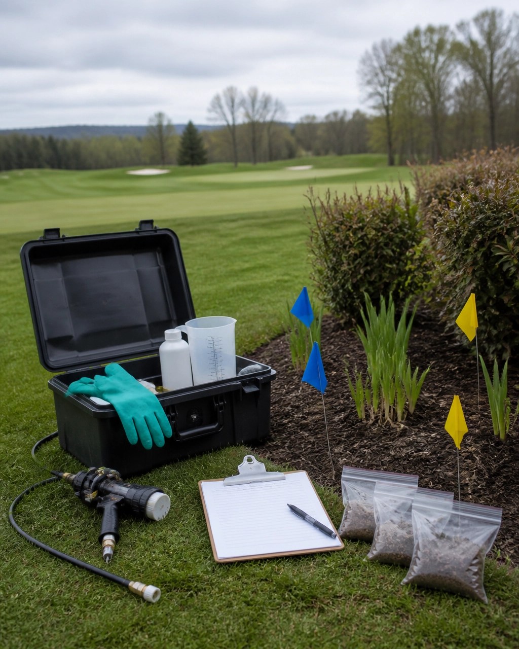 Managed New York turf and ornamental planting area with a field kit, monitoring equipment, and pesticide application planning materials
