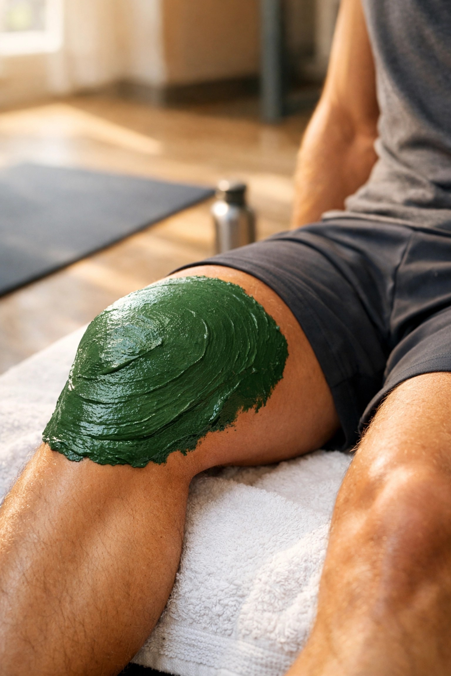 A thick layer of green healing clay applied to an athlete's leg for post-workout muscle recovery.