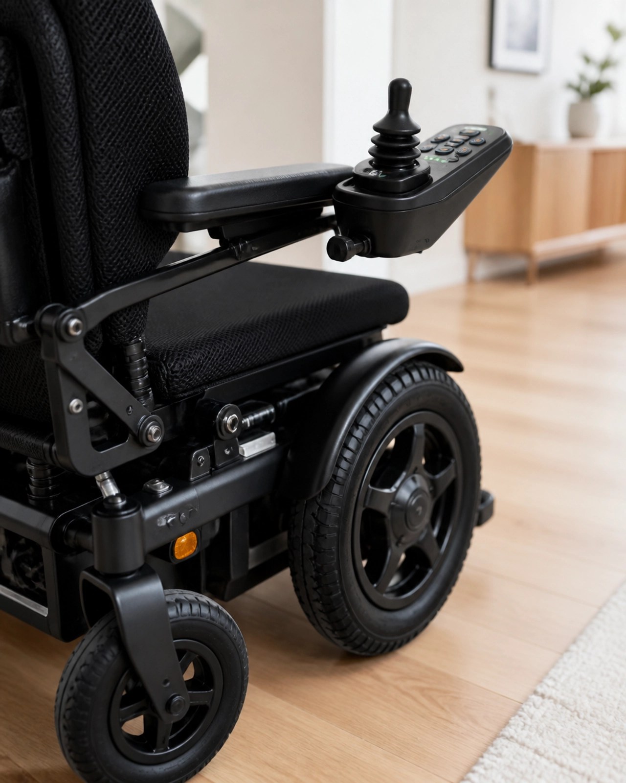 Close-up of a modern electric wheelchair control panel in a clean home