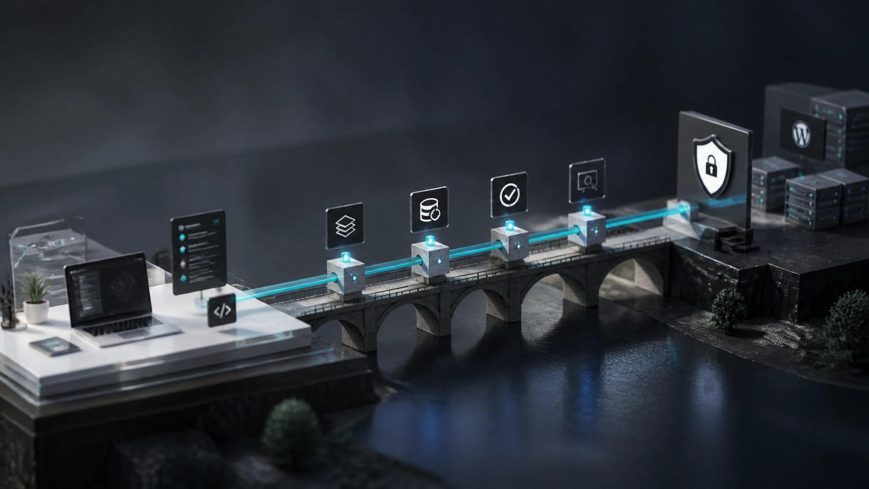 Secure digital architecture connecting local development, staging and protected production infrastructure