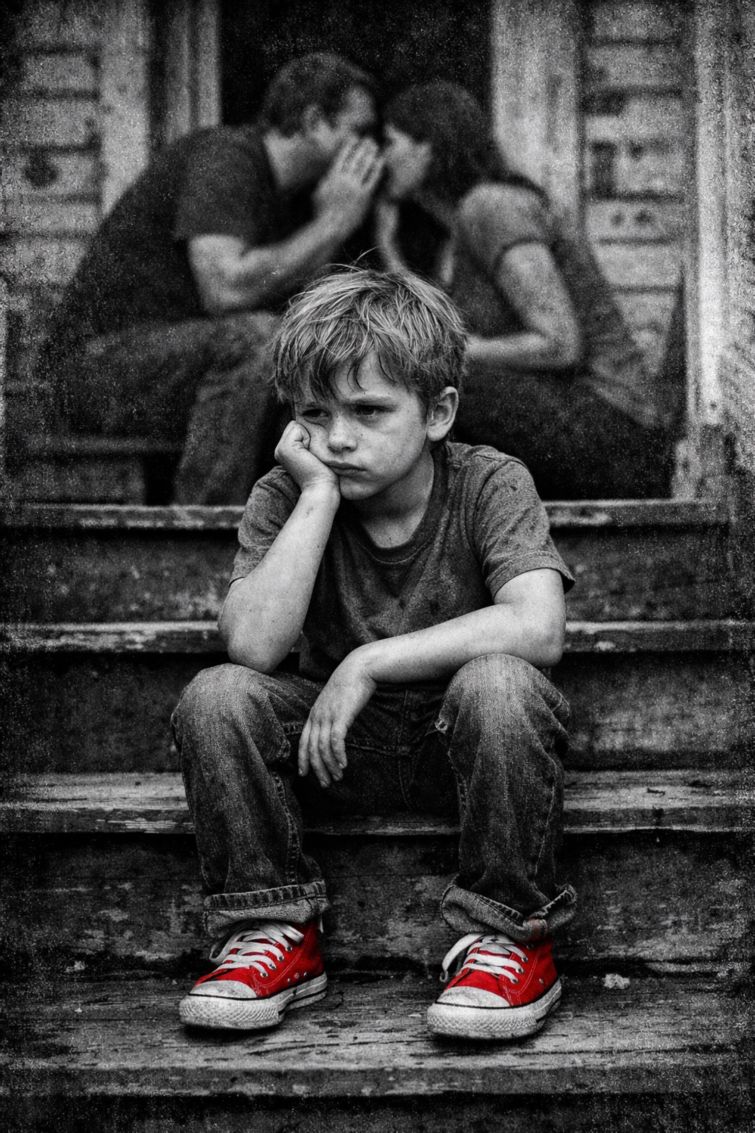 White child learning racial anxiety from adults whispering on urban porch steps