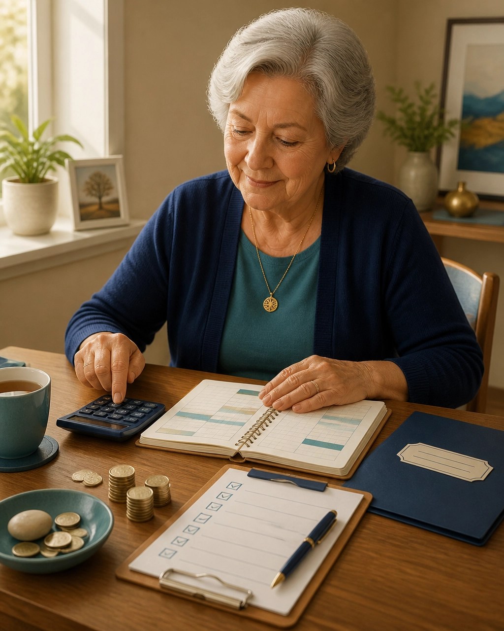 Senior woman organizing a monthly budget with a calculator and insurance planning folder