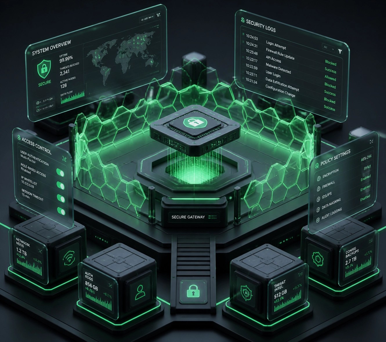 Digital security hub representing system monitoring and Microsoft Quick Assist compliance auditing.