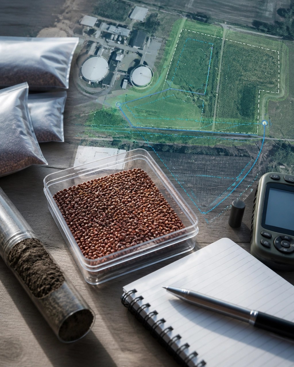 Untreated agricultural seed, soil core, field notebook, GPS equipment, and parcel mapping materials representing future treated-seed waiver planning