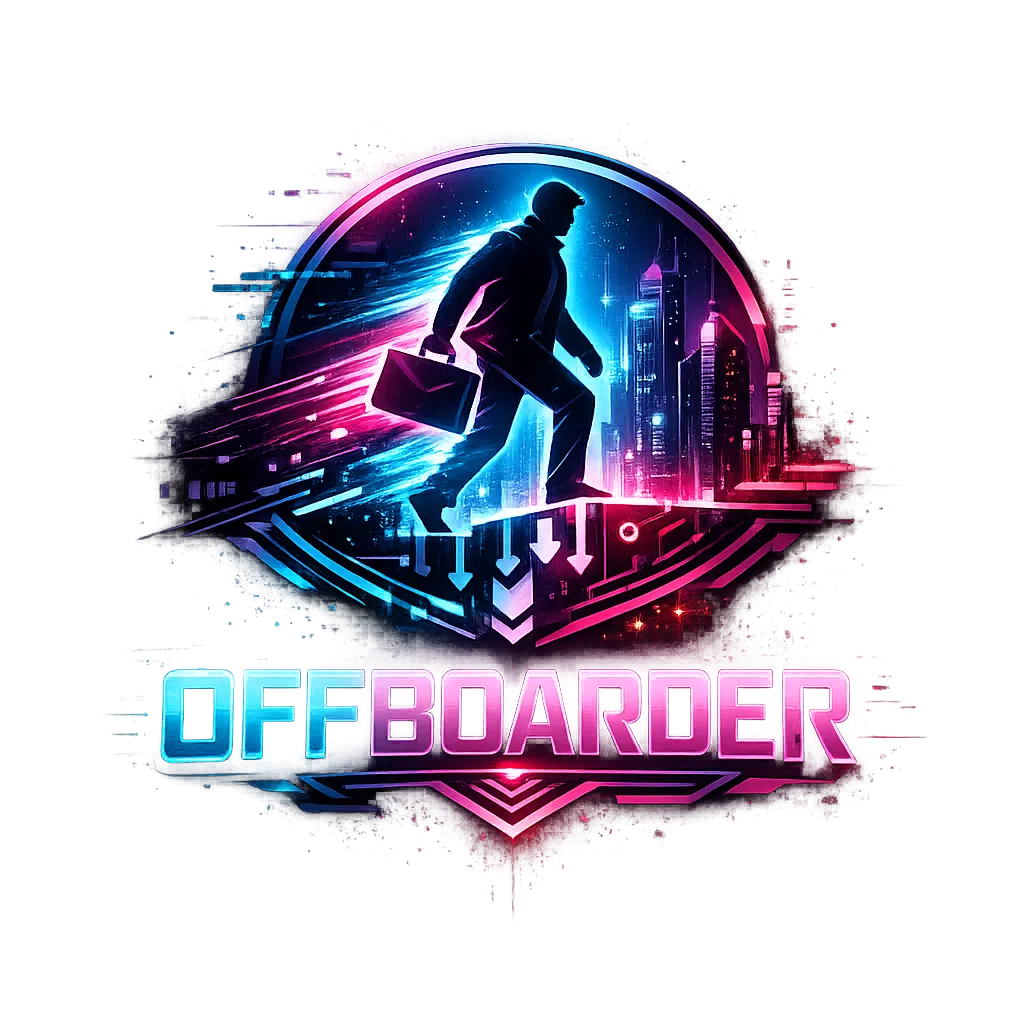 Futuristic neon graphic symbolizing secure and seamless employee offboarding with digital effects.