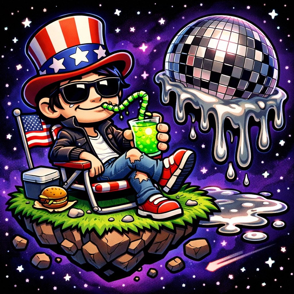 Edgy cartoon character sipping a drink on a floating island in space, representing trippy gear and surreal apparel.