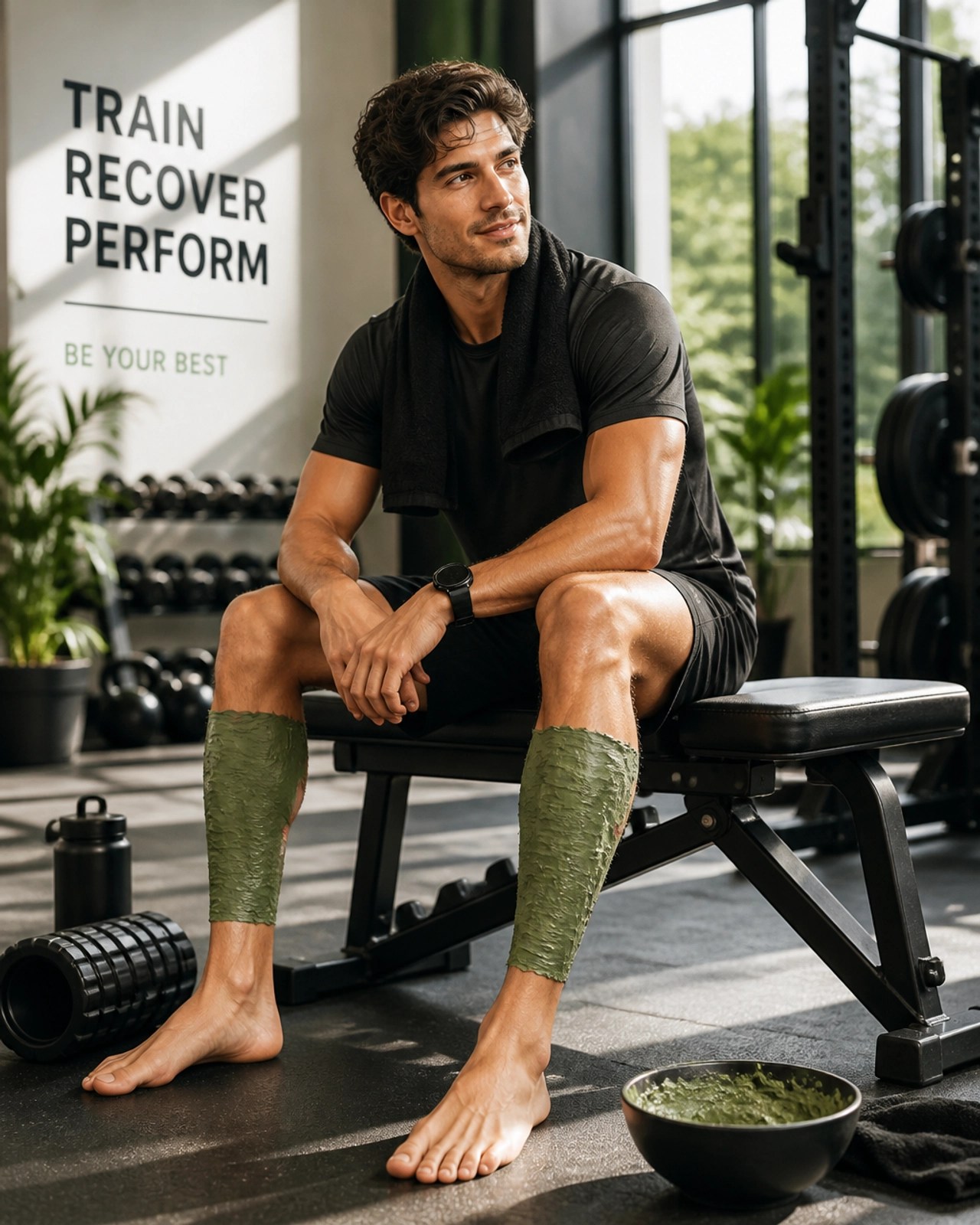 Athlete recovering with green clay on their shins