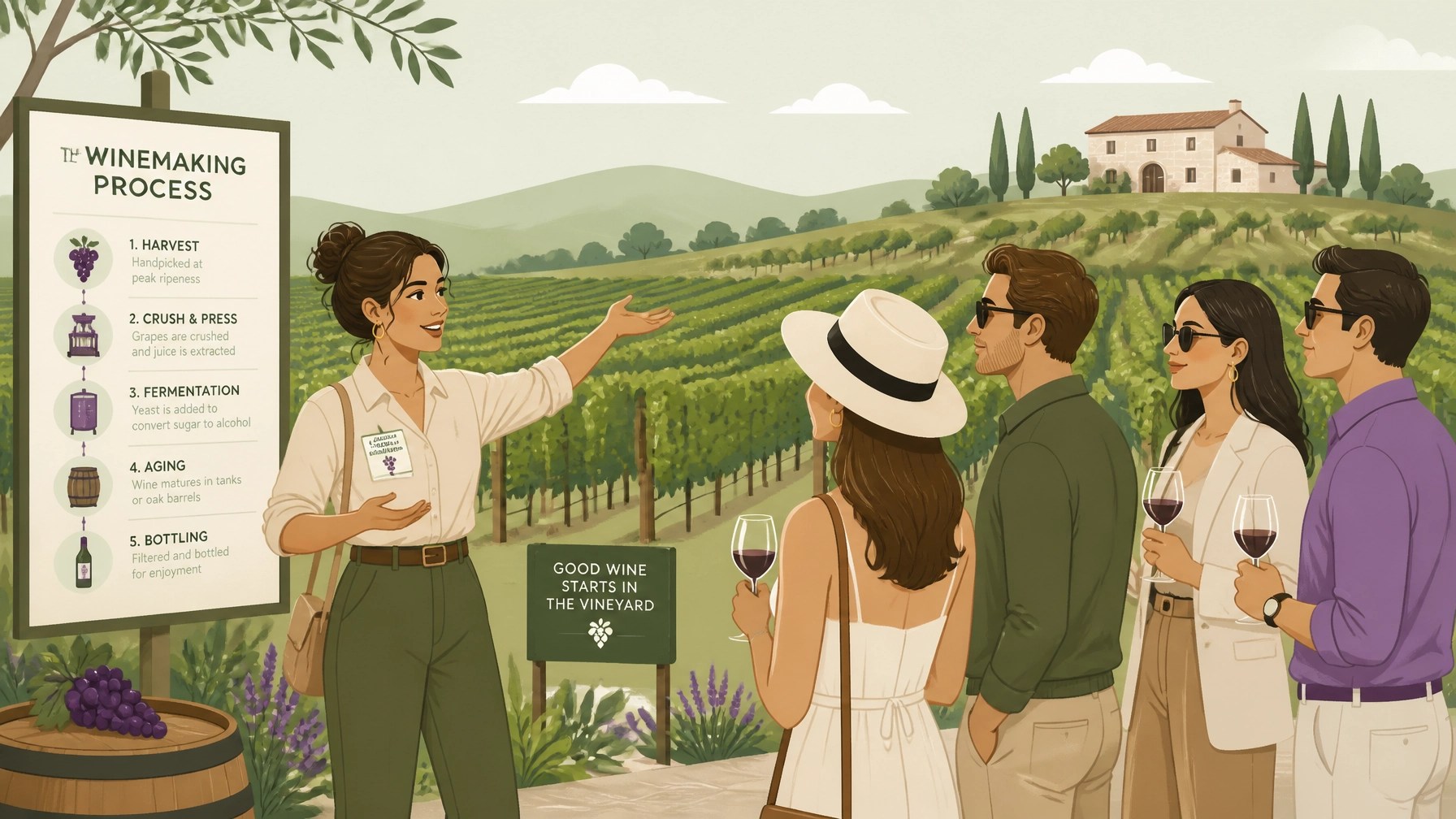 A friendly Certified Tourism Ambassador guide explaining the vineyard and winemaking process to a group of visitors