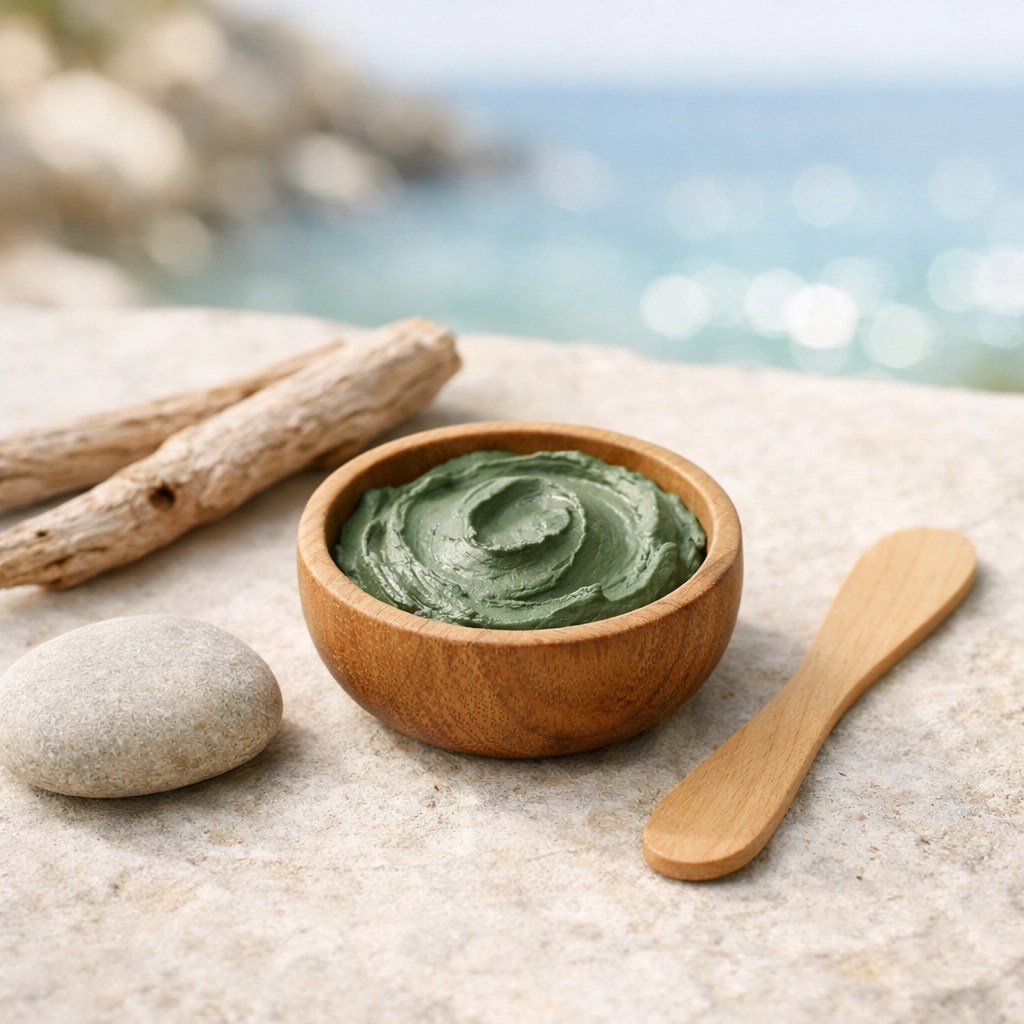 Natural green clay in a bowl ready for use as a mineral-rich after-sun treatment.