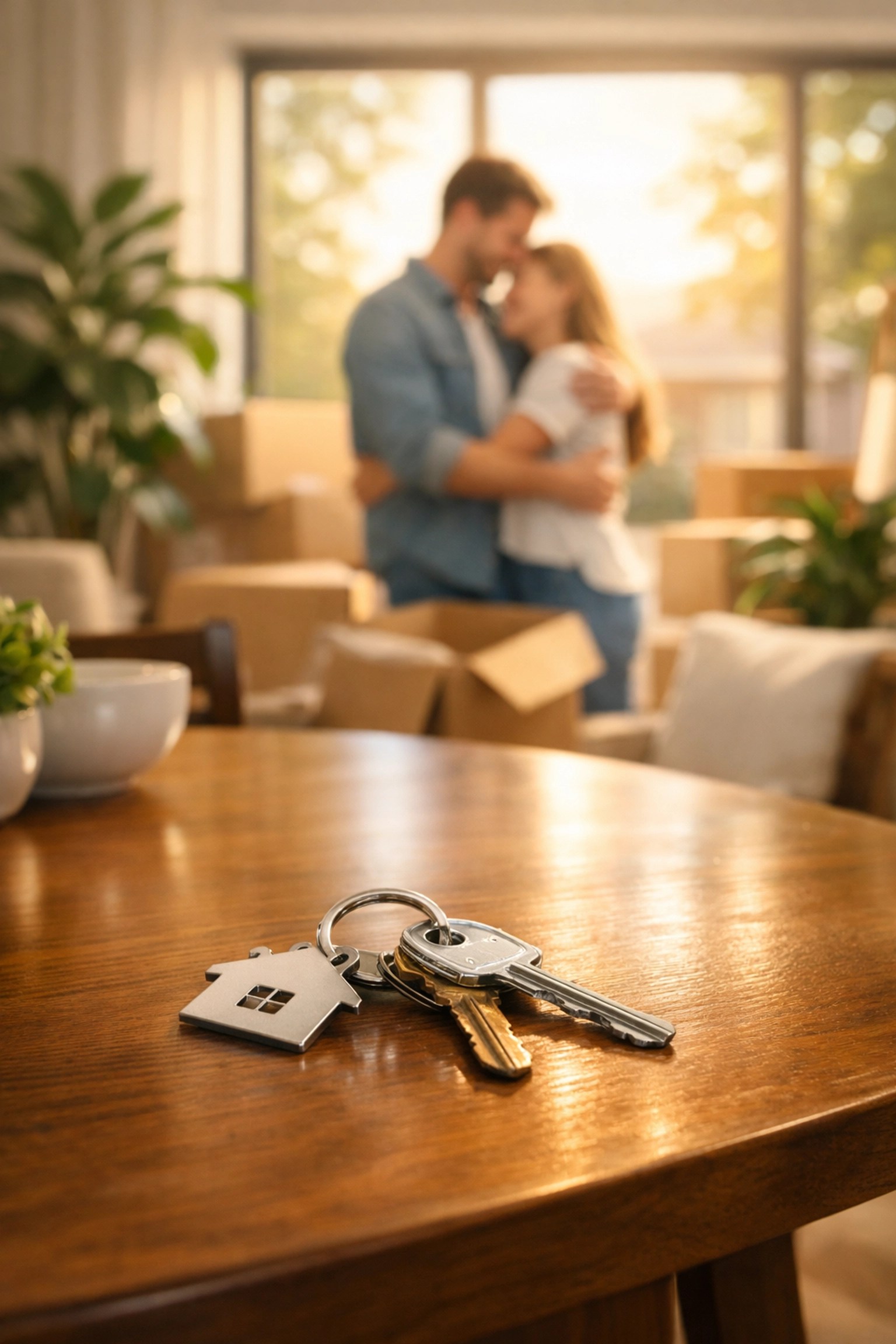 New house keys on a table with a couple unpacking their Milton GA home, secured by mortgage protection.