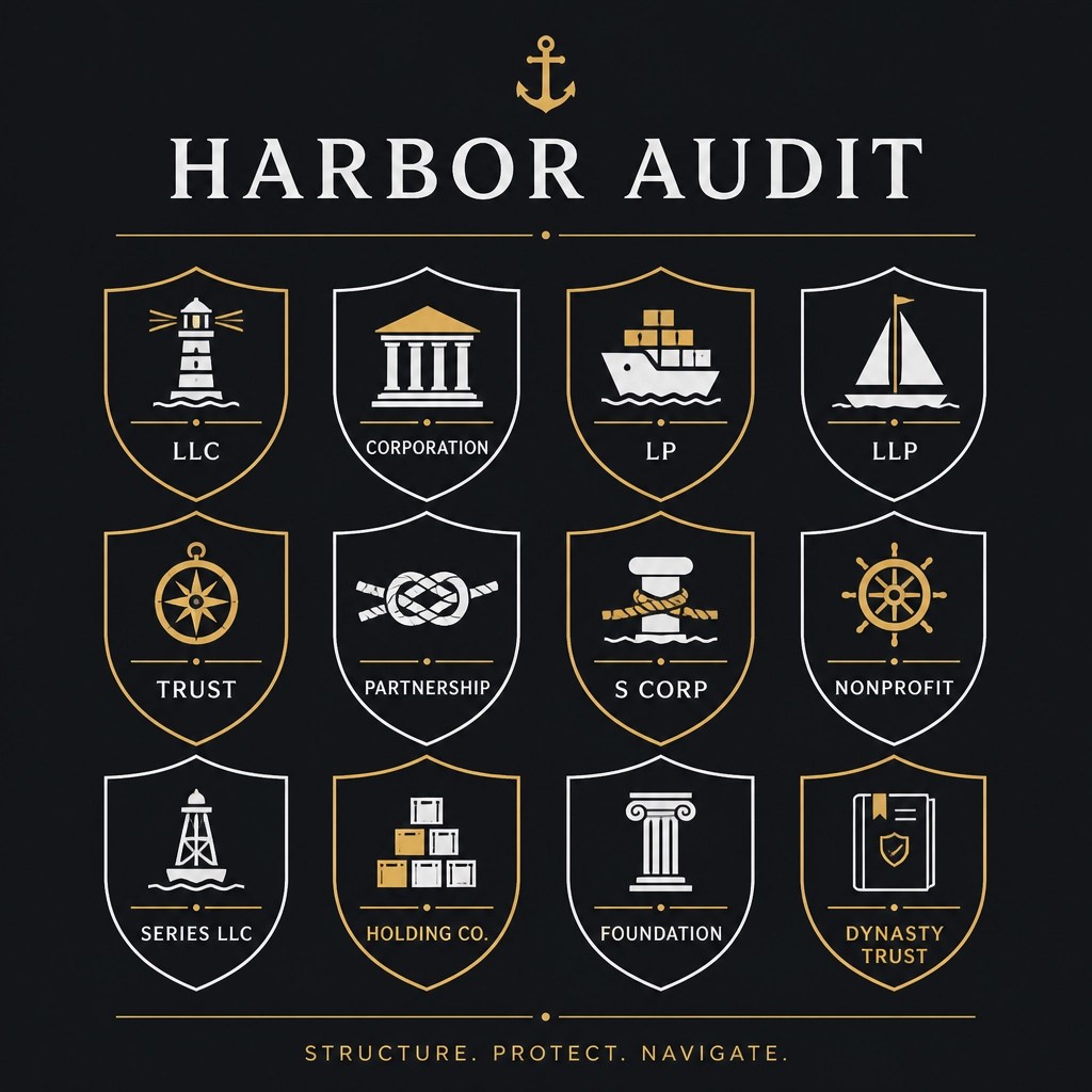 An organized grid of shield and ship icons representing legal entities