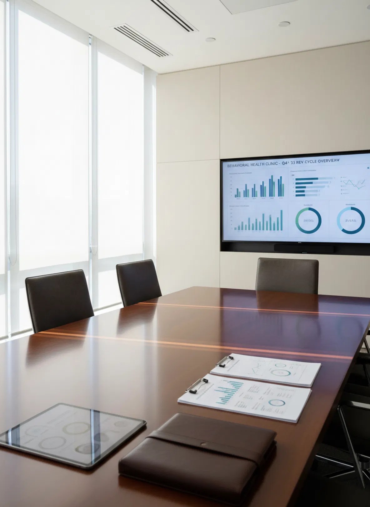 Bright boardroom with de-identified revenue cycle reporting prepared for an addiction treatment billing review