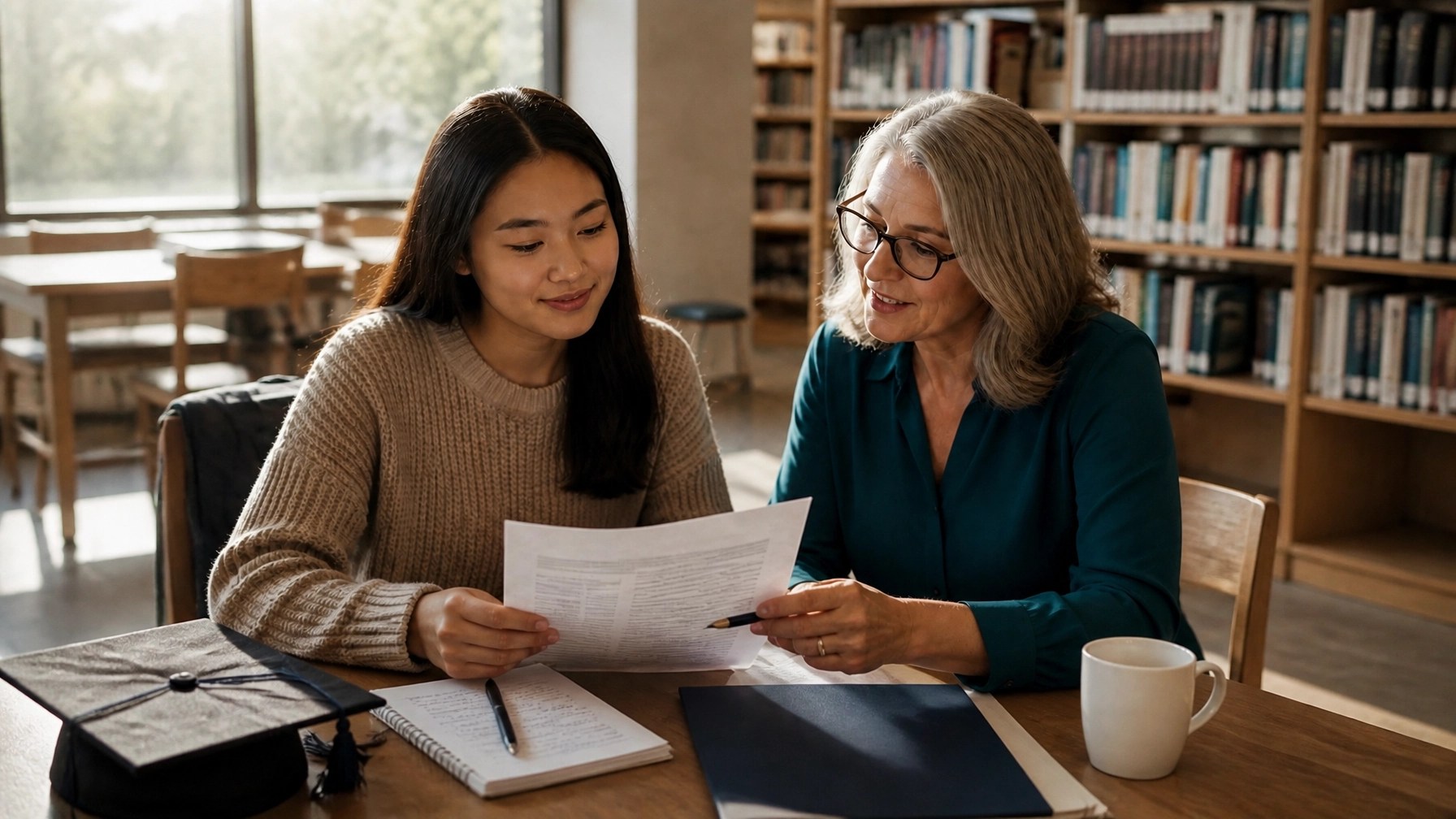 A graduate and mentor comparing job offer details on printed papers