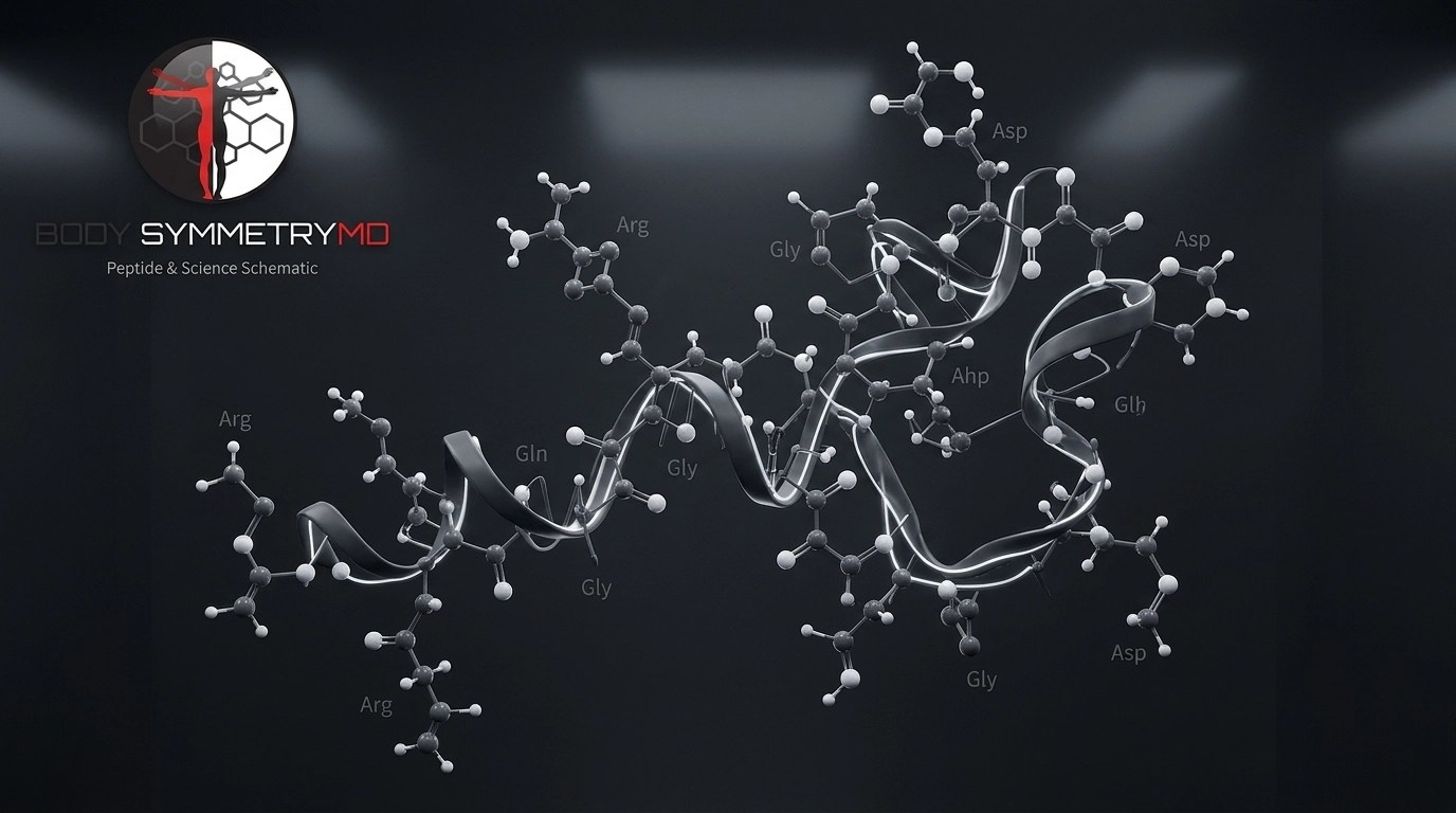 3D molecular render of a peptide chain, representing the science of architectural signaling.