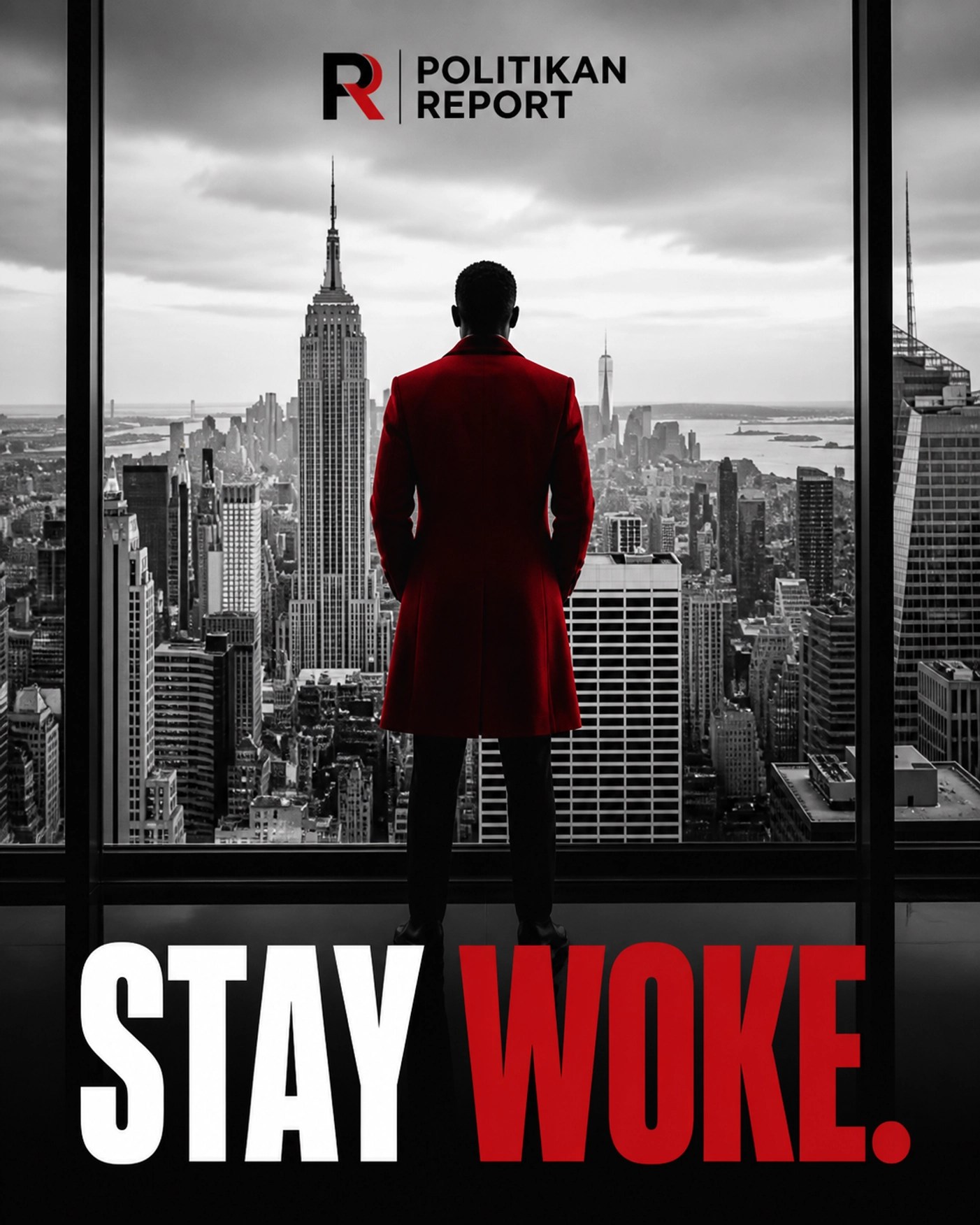 Silhouette overlooking a city skyline with STAY WOKE text, symbolizing vision and community empowerment.