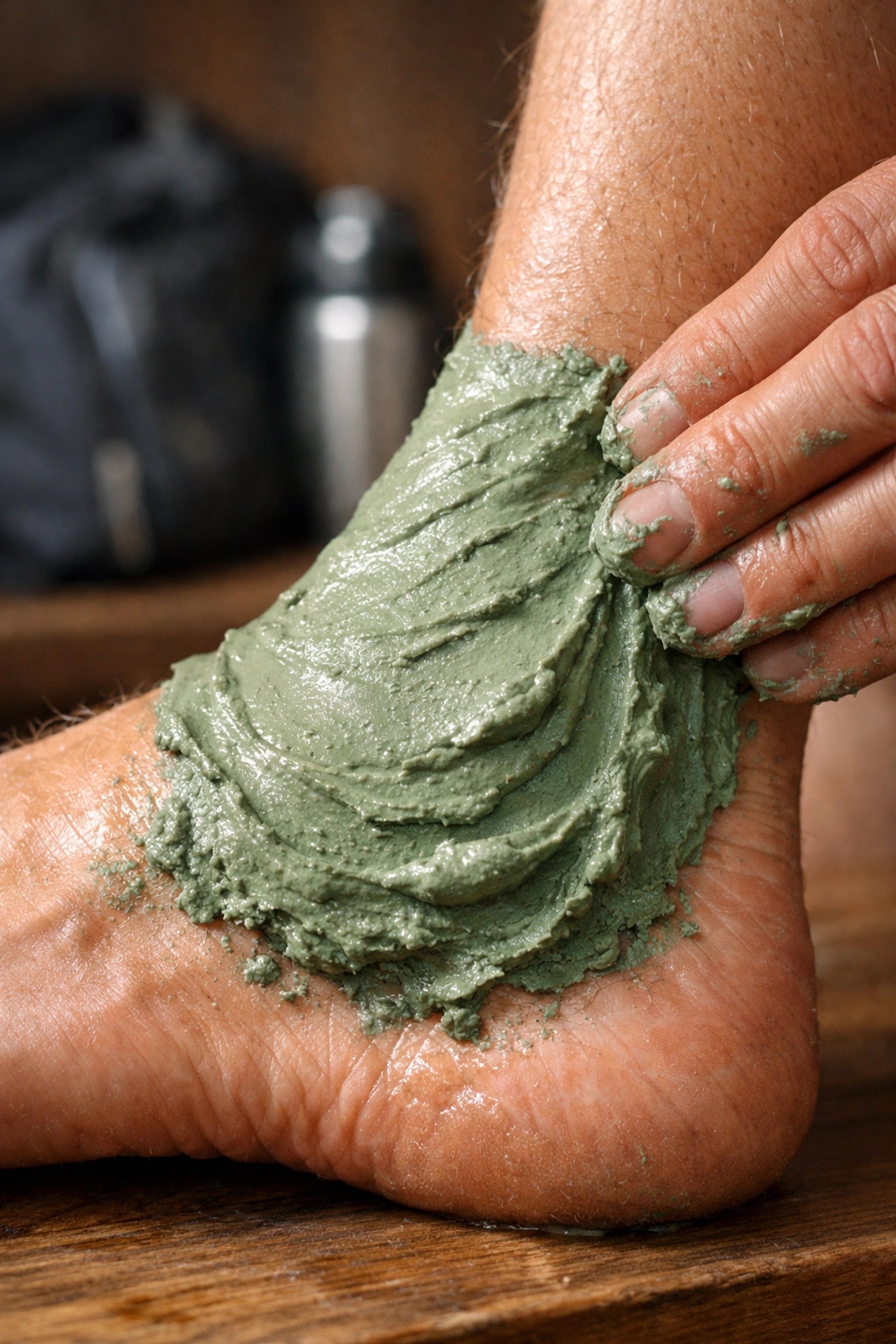 Applying a green mineral clay poultice to an athlete's ankle for rapid sports muscle recovery.