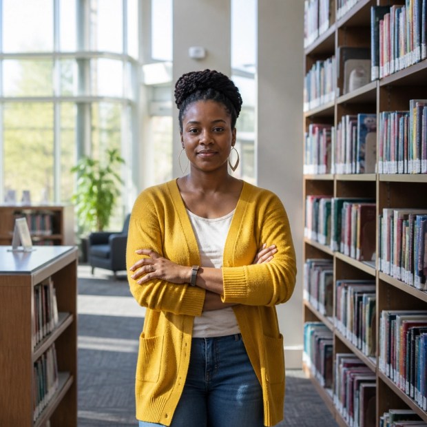 A Black woman standing proudly in a sunlit modern library surrounded by tall bookshelves filled with books