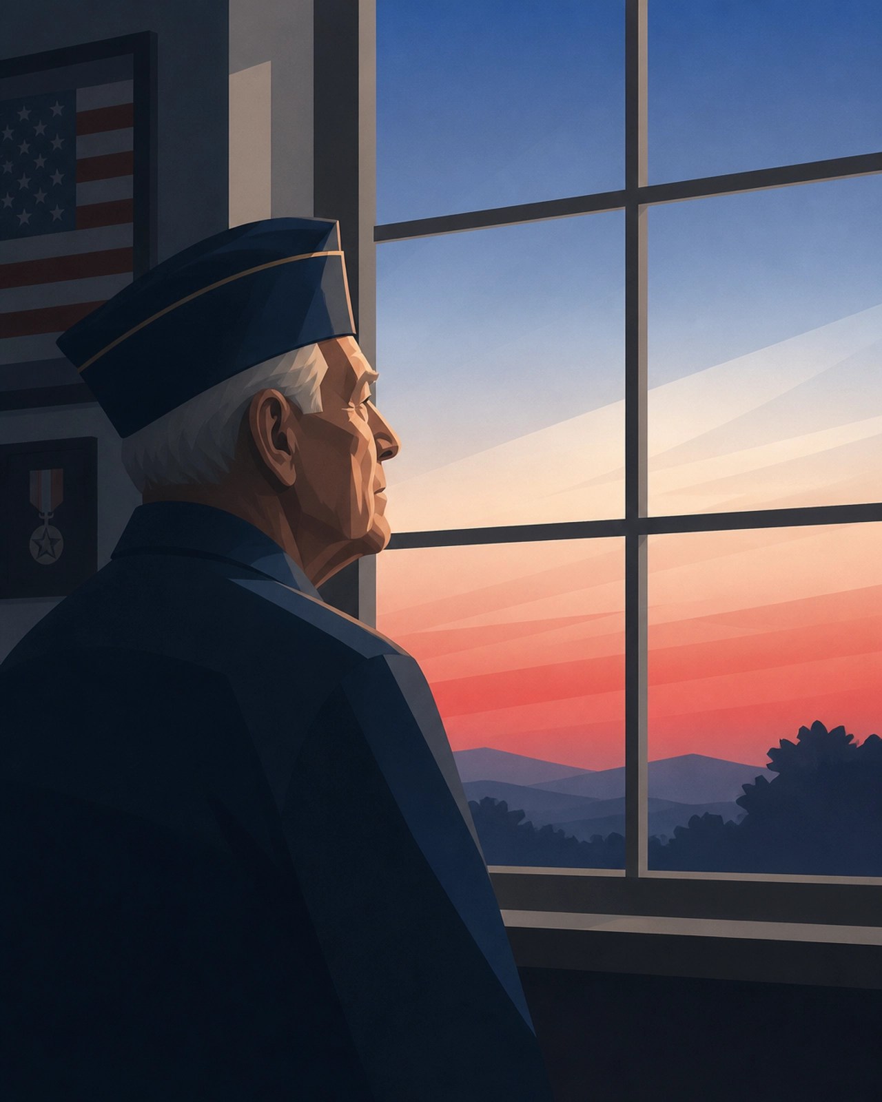 Illustration of an older veteran looking out toward a patriotic horizon