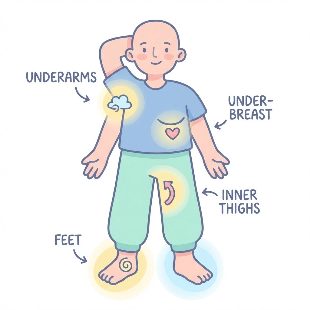 Diagram showing body areas for whole body deodorant application including underarms, feet, and thighs