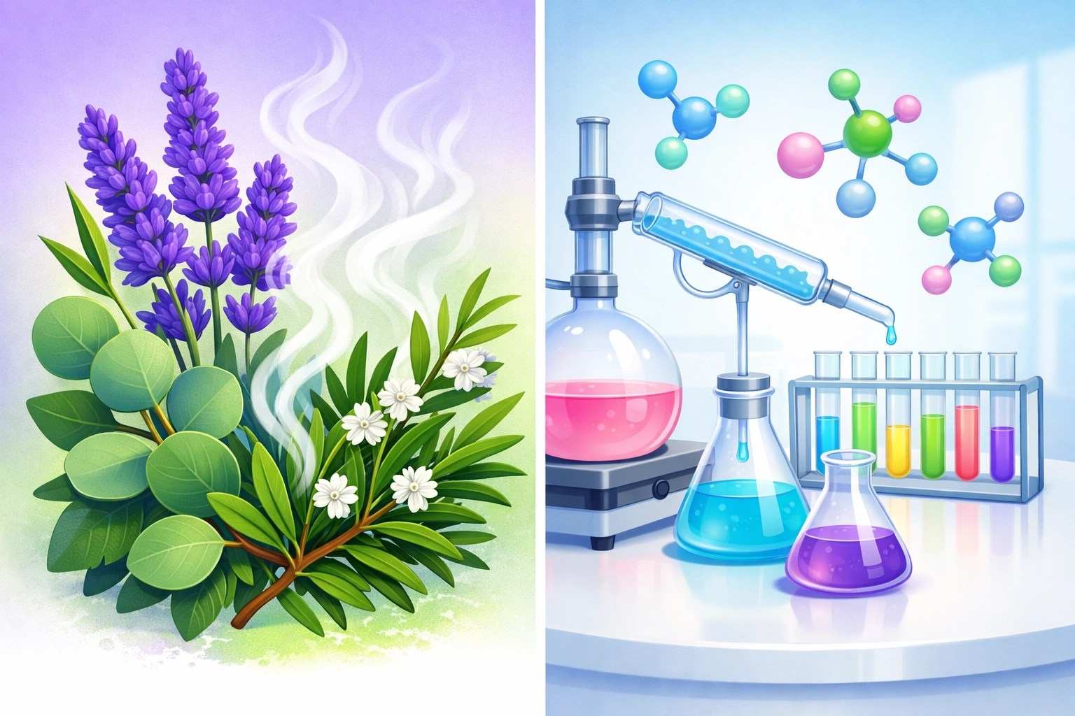 Natural essential oil extraction from plants versus synthetic fragrance creation in laboratory