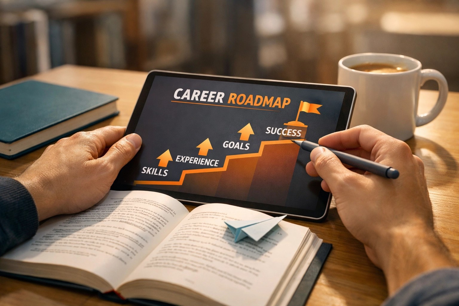 Student hands mapping a career roadmap on a tablet, showing strategic education as a path to leadership.