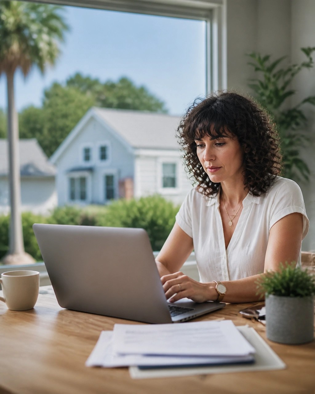 Female property professional reviewing rental comparables in a bright office