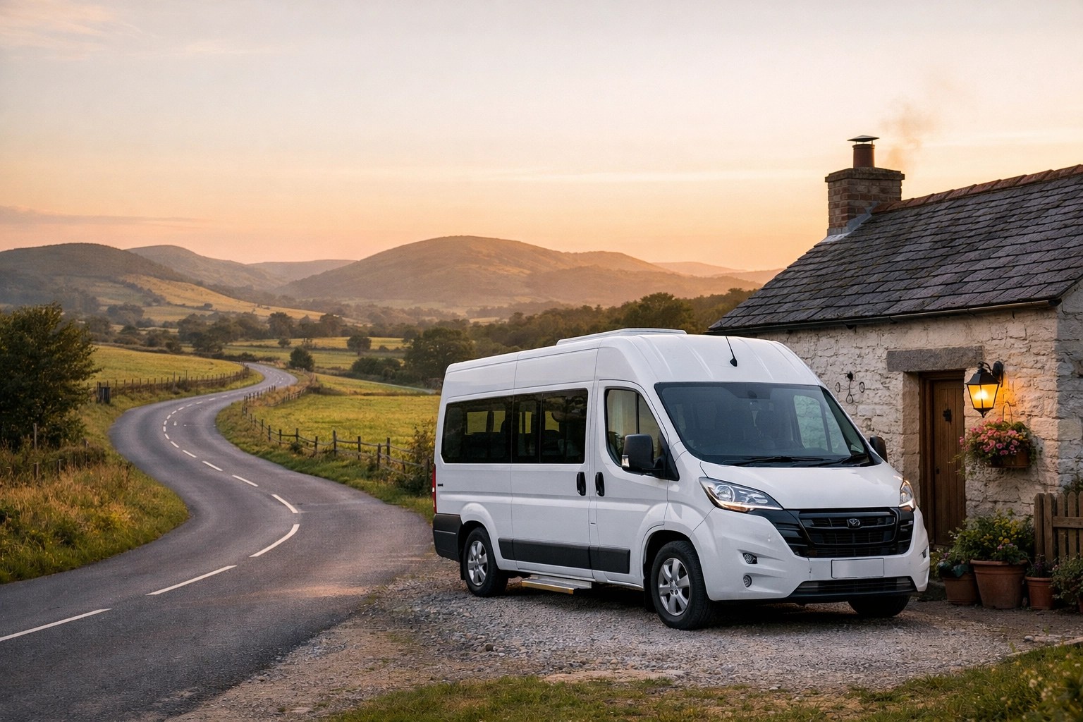 Reliable medical transportation vehicle parked at a rural home during sunrise for a patient pickup.