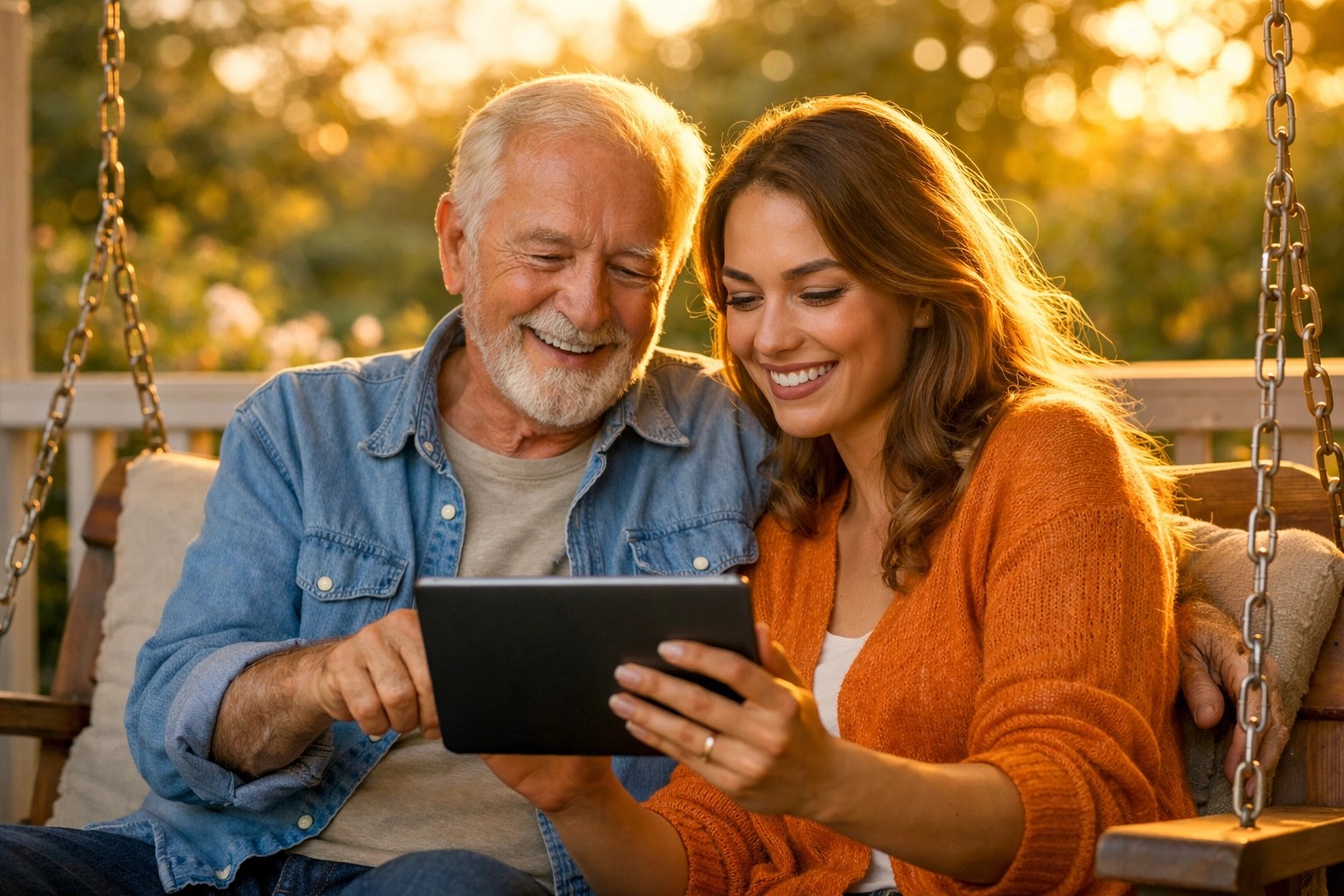 Grandfather and granddaughter sharing digital memories on a tablet to secure their family legacy.