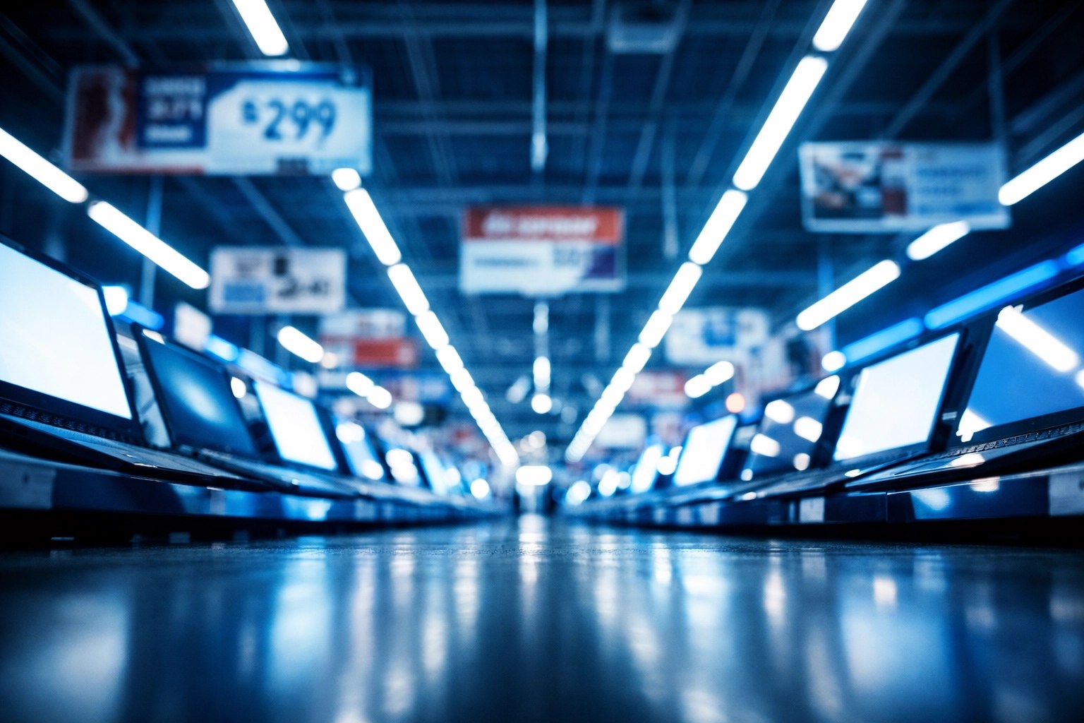 Overwhelming aisle of laptops at a big-box electronics store during a high-pressure sales event.